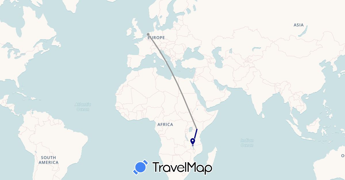 TravelMap itinerary: driving, plane in Kenya, Malawi, Netherlands (Africa, Europe)
